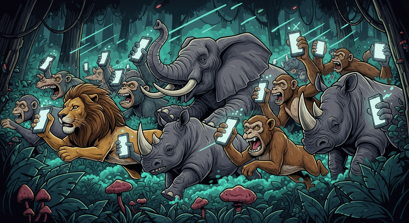 Stampede of wild animals holding glowing smartphones